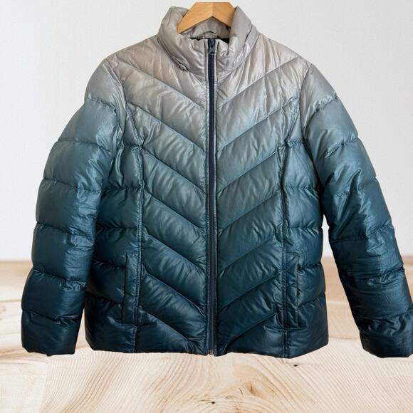 Lands End Ombre Puffer Jacket Sz L Womens Pockets G8 wJeans Navy to Light Gray - Picture 1 of 9